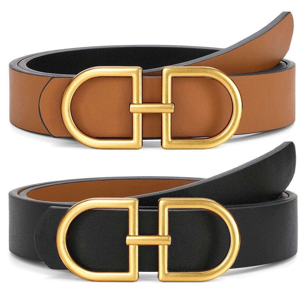 6885 Reversible Leather Belt For Women With Gold Buckle Ladies Two-in-one